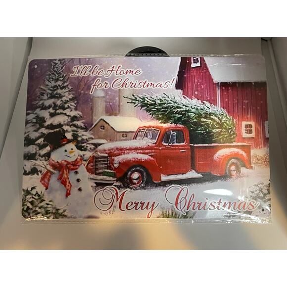 NWT I'll Be Home For Christmas Merry Christmas Red Truck Sign Tin‎ Wall Decor - Picture 1 of 3